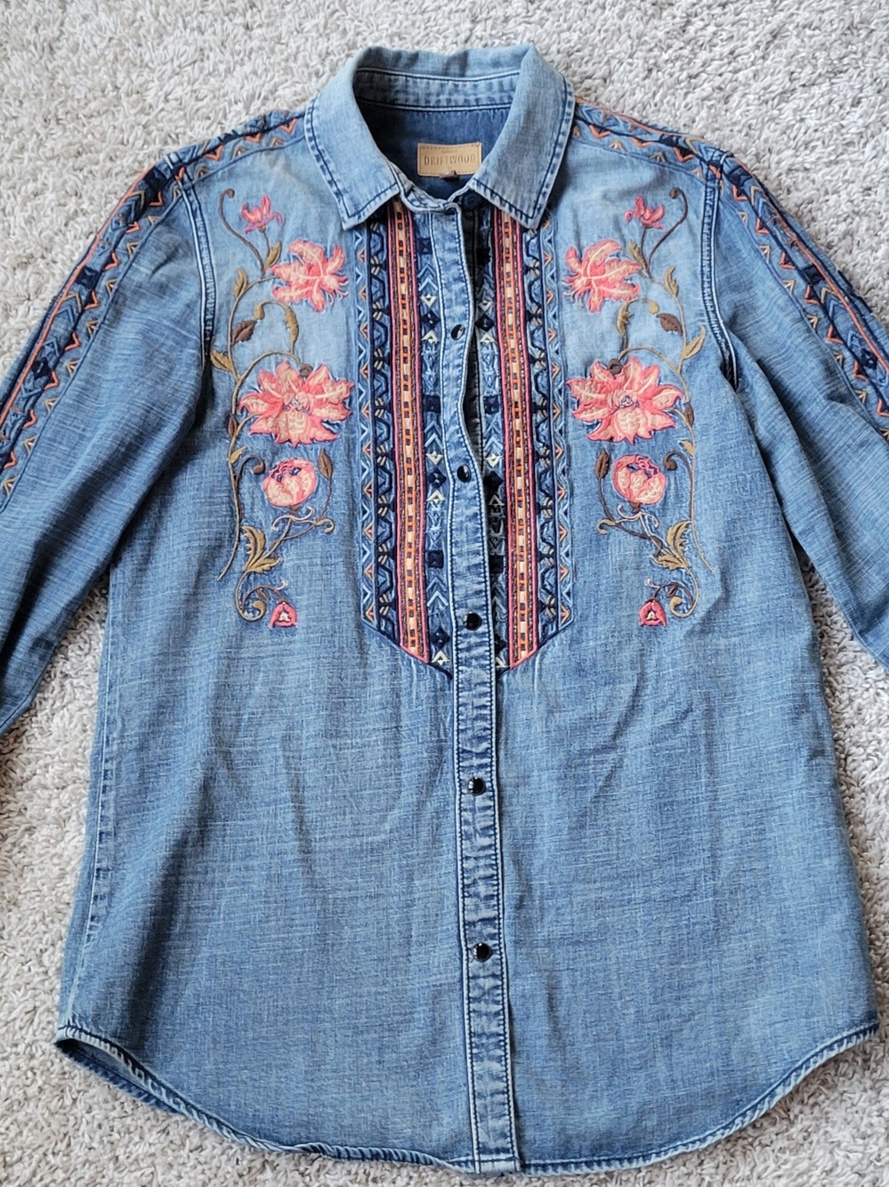 Sundance Driftwood Womens XS S  Embroidered  Denim Snap Front Shirt